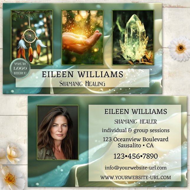Magisches Shamanic Healing-Foto Visitenkarte (Business card featuring your custom photos framed by a magical shell like design in teal and green)