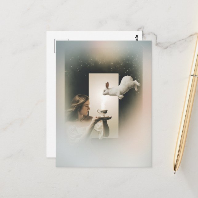 Magisches Surreales Tee mit weißem Sonnenschein Postkarte (Vorderseite/Rückseite Beispiel)