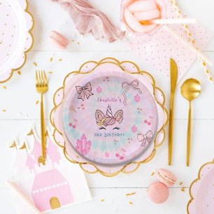 Magisches Tie-Dye-Einhorn-Koketten-Schleifen-Gebur Pappteller