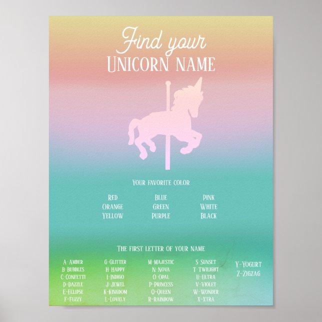 Magisches Unicorn Rainbow Birthday Name Game Poster (Vorne)