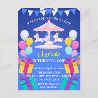 Magisches Unicorn-Regenbogenkarussell Geburtstag Einladungspostkarte