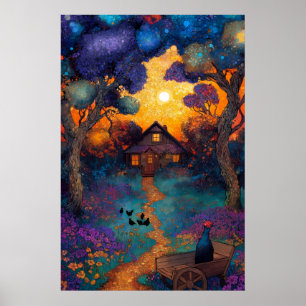 Magisches Waldhäuschen Lebendiger Sonnenuntergang Poster
