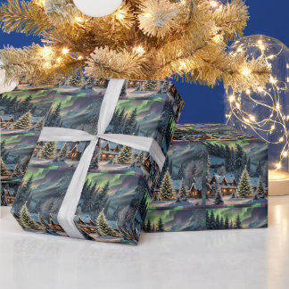 Magisches Weihnachten, Bergdorf, Polare Lichter Geschenkpapier