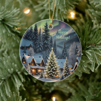 Magisches Weihnachten, Bergdorf, Polarlichter Keramik Ornament