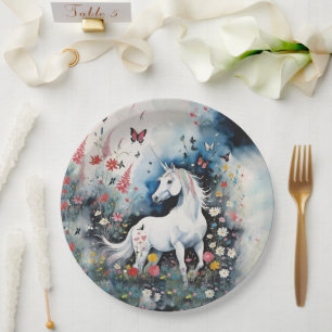 Magisches Weißes Einhorn und Wildblumen Pappteller
