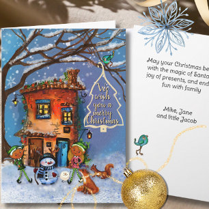 Magisches wunderliches Haus und Freunde Weihnachte Feiertagskarte