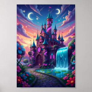 Magisches Zwillingsmond-Schloss-Wasserfall-Fantasi Poster