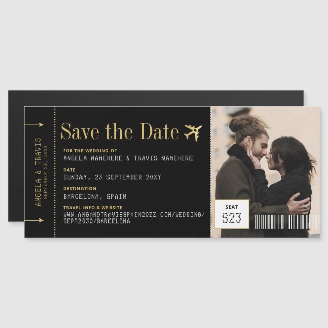 Magnet Boarding Pass Save the Date Black Gold (Vorne/Hinten)