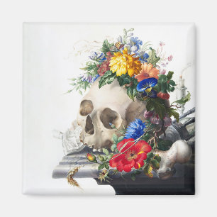 Magnet mit Totenkopf und Blumen Szene.