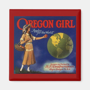 MAGNET ~ OREGON GIRL VINTAGE APPLE KRATTE ETIKETT