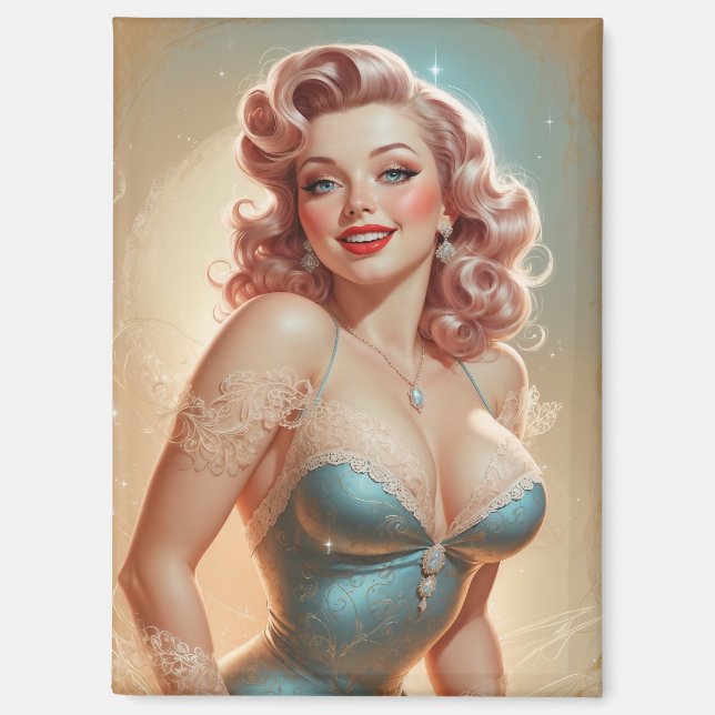 Magnet Pin-up Blonde Glamour Blaues Spitzenkleid (Vorderseite)