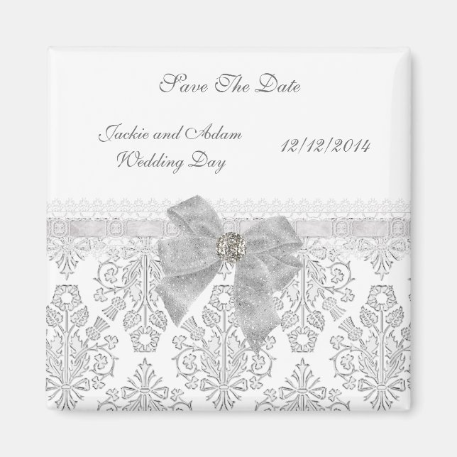 Magnet Save the Date Wedding Damask White (Vorne)