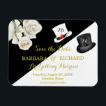 MAGNET Schwarz & Weiß Hochzeit Speichern Sie das D<br><div class="desc">Romantisches und einzigartiges schwarz-weißes Blumenbudget Save the Date. Goldbuchstaben zum Set und ein schwarzer Hut für den Herrn und ein weißer Hut für die Braut. Sorgfältig als "Frau und Herr" zu ändern, da die Veranstaltung naher zeichne, natürlich. Für alle Designfragen oder zusätzliche Anpassungen und / oder Match-Artikel, senden Sie einfach...</div>