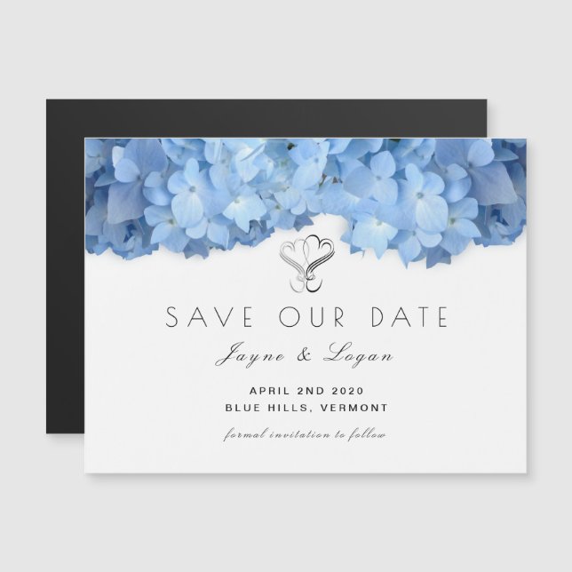 Magnetic Blue Floral Rette unseren Date Hearcard Magneteinladung (Vorne/Hinten)