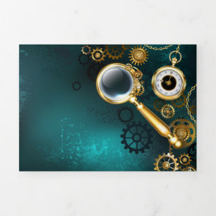 Magnifier in Steampunk Style Dreifach Gefaltete Ankündigung