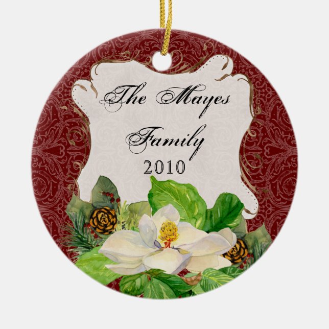 Magnoila n Pine Cone Damask Keramik Ornament (Vorne)