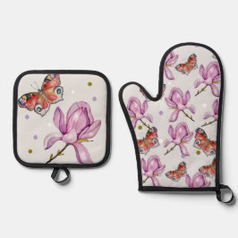 Magnolia and butterflies, watercolor pattern ofenhandschuh & Topflappen-Set