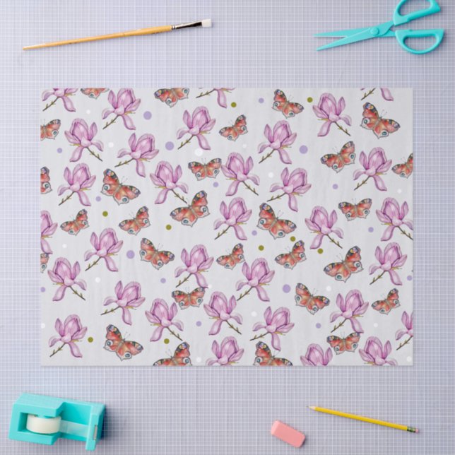 Magnolia and butterflies, watercolor pattern seidenpapier (Basteln)