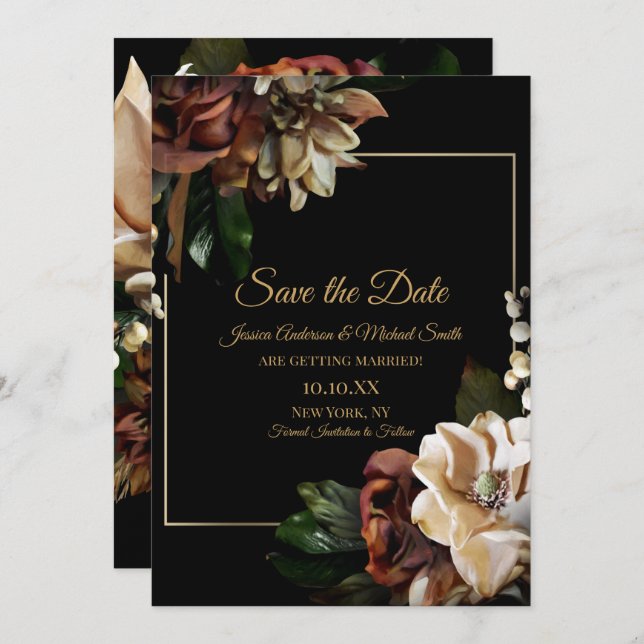 Magnolia Black Gold Floral Save the Date Einladung (Vorne/Hinten)