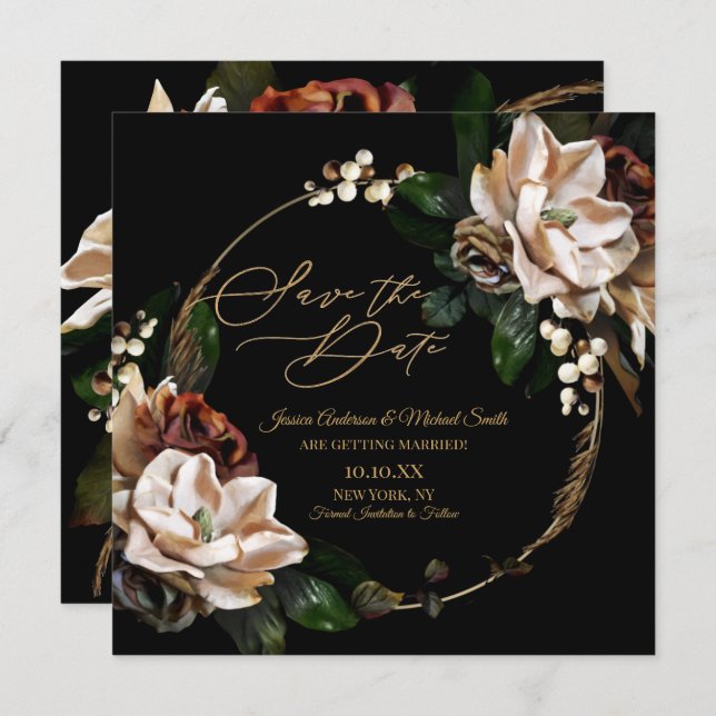 Magnolia Black Gold Wreath Floral Save the Date Einladung (Vorne/Hinten)