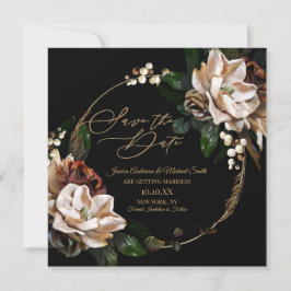 Magnolia Black Gold Wreath Floral Save the Date Einladung