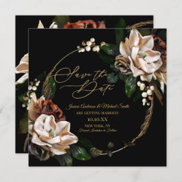Magnolia Black Gold Wreath Floral Save the Date Einladung
