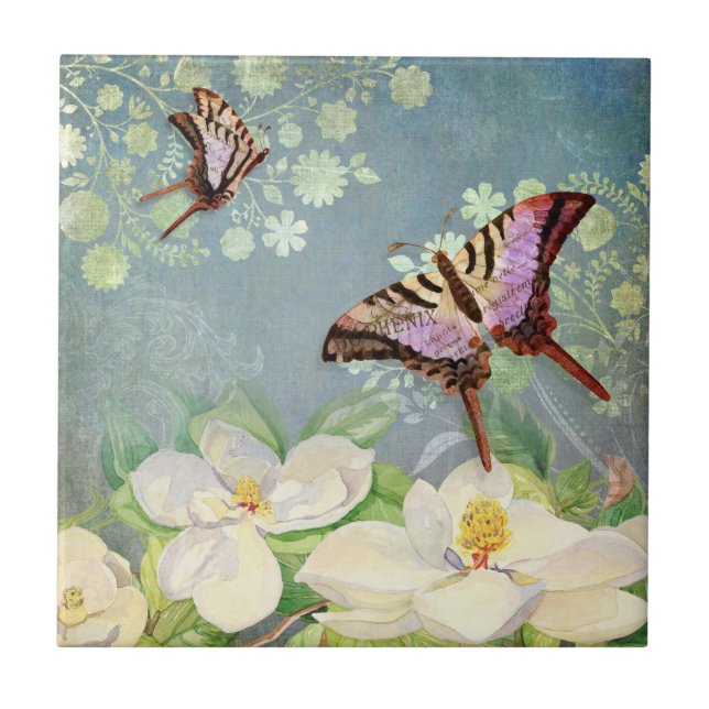 Magnolia Blauer Schmetterling Blaue Wasserfarbe Vi Fliese (Vorderseite)