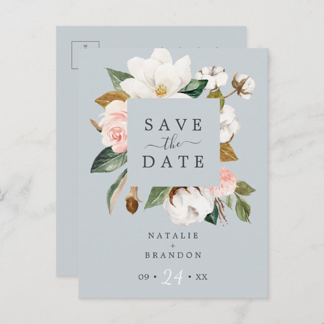 Magnolia Blue Gray Save the Date Postkarte (Vorne/Hinten)