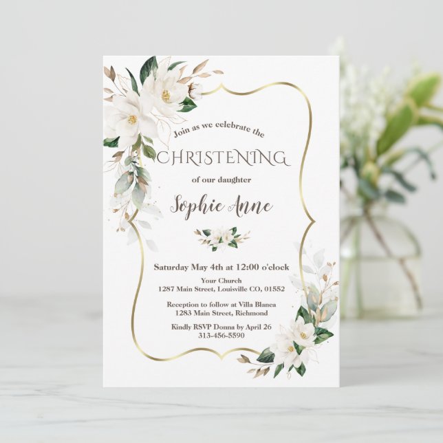 Magnolia Blume Airy Greenerity Gold Christening Einladung (Stehend Vorderseite)
