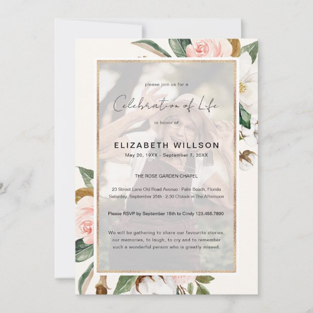 Magnolia-Blumenfeier zum Foto Lebensbeerdigung Einladung (Vorderseite)