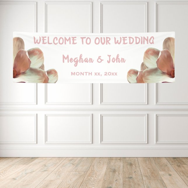 Magnolia Blush - Hochzeitsbanner - 2,5' x 8' Banner (Magnolia Floral Pink Blush Wedding Banner)