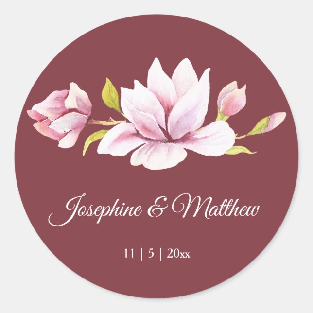 Magnolia Burgundy Floral Wedding Stickers (Vorderseite)