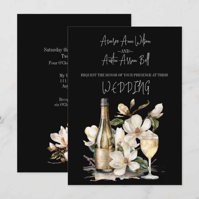 Magnolia Champagne und Gläser Weißer Text Einladung (Vorne/Hinten)