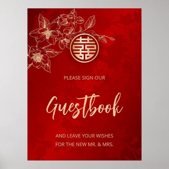 Magnolia Chinese Wedding Red Floral Guestbook Poster (Vorne)