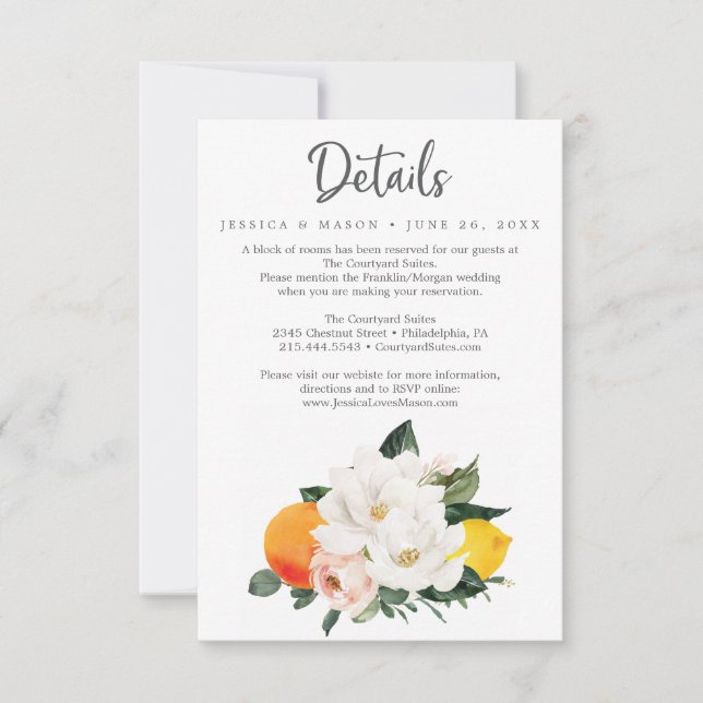 Magnolia Citrus Wedding Details Card Einladung (Vorderseite)