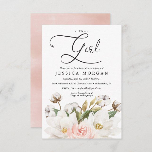 Magnolia Cotton Baby Shower Einladungskarte Einladung (Vorne/Hinten)