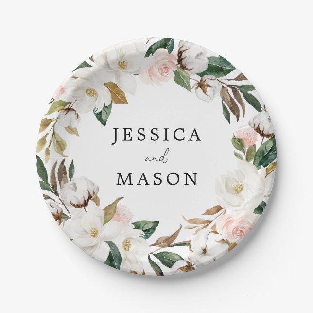 Magnolia Cotton Monogram Brautparty Paper Plate Pappteller (Vorderseite)