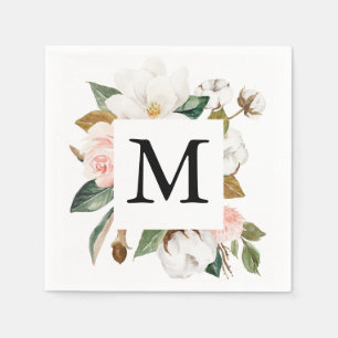 Magnolia Cotton Monogram Wedding Cocktail Serviette