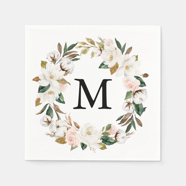 Magnolia Cotton Monogram Wedding Cocktail Serviette (Vorderseite)