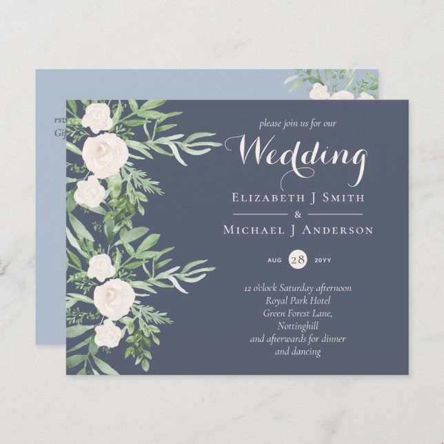 Magnolia Dusty Blue Blume Wedings Invites BUDGET (Vorne/Hinten)