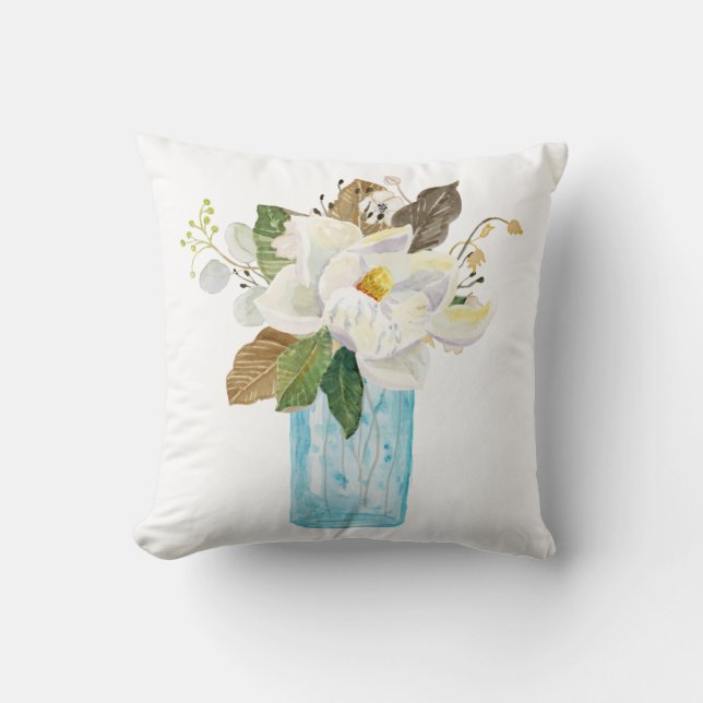 Magnolia Floral Bouquet Foliage Blue Glass Vase Kissen (Vorderseite)