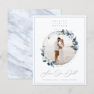 Magnolia Floral & Dusty Blue Circle Gerahmtes Foto Save The Date