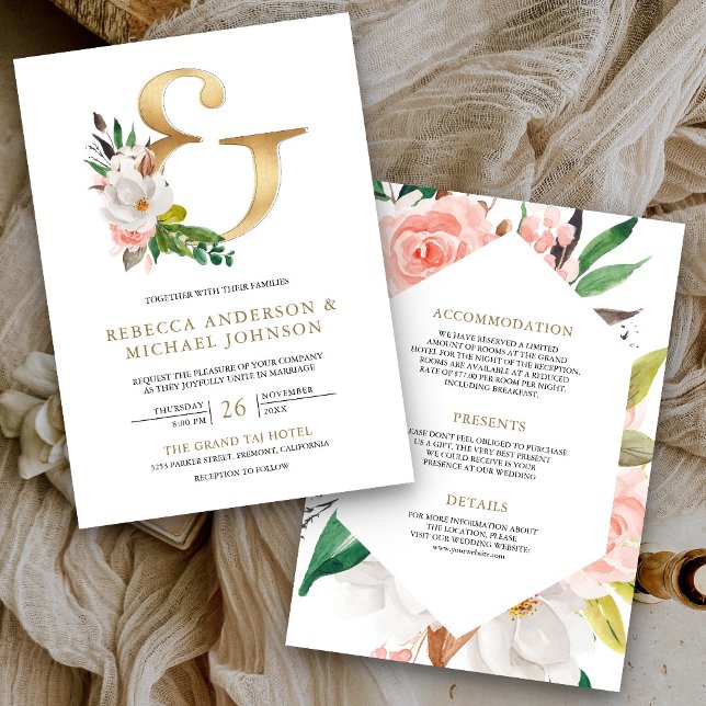 Magnolia Floral Gold Ampersand All in one Wedding Einladung (Von Creator hochgeladen)