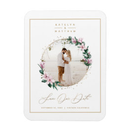 Magnolia Floral Gold Circle Foto Save the Date Magnet
