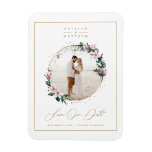 Magnolia Floral Gold Circle Foto Save the Date Magnet