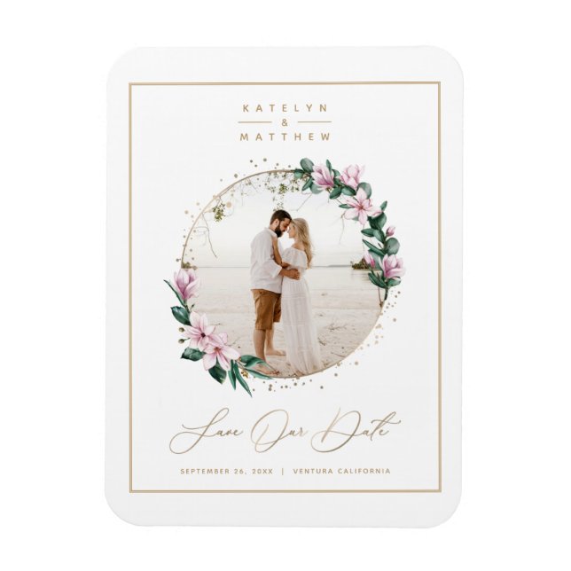 Magnolia Floral Gold Circle Foto Save the Date Magnet (Vertikal)