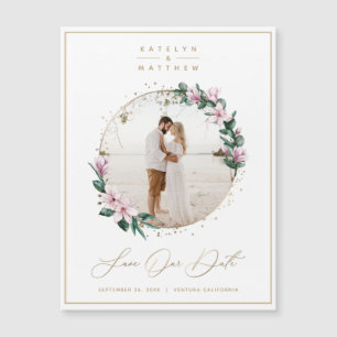 Magnolia Floral Gold Circle Foto Save the Date Magnetkarte