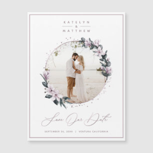 Magnolia Floral & Mauve Circle Foto Save The Date Magnetkarte