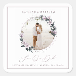 Magnolia Floral & Mauve Circle Foto Save The Date Quadratischer Aufkleber