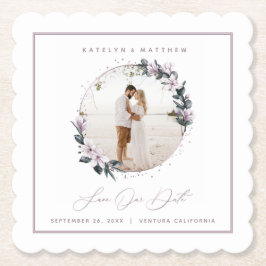 Magnolia Floral & Mauve Circle Foto Save The Date Untersetzer